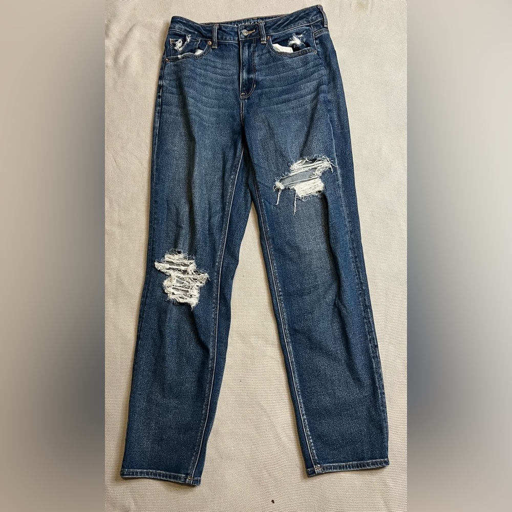 American Eagle Distressed Mom Straight Jeans, Xtra Long, size 8